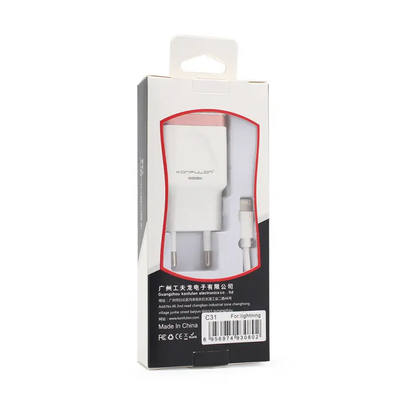 Kucni Punjac Konfulon C31+s05 2XUSB 5V 2.1a sa Iphone Lightning Kablom Beli