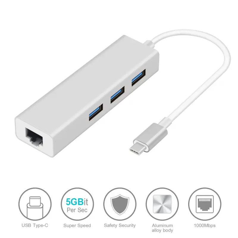 Adapter Type C na 3 USB 3.0 + RJ45 Gb Jwd-t5 Srebrni