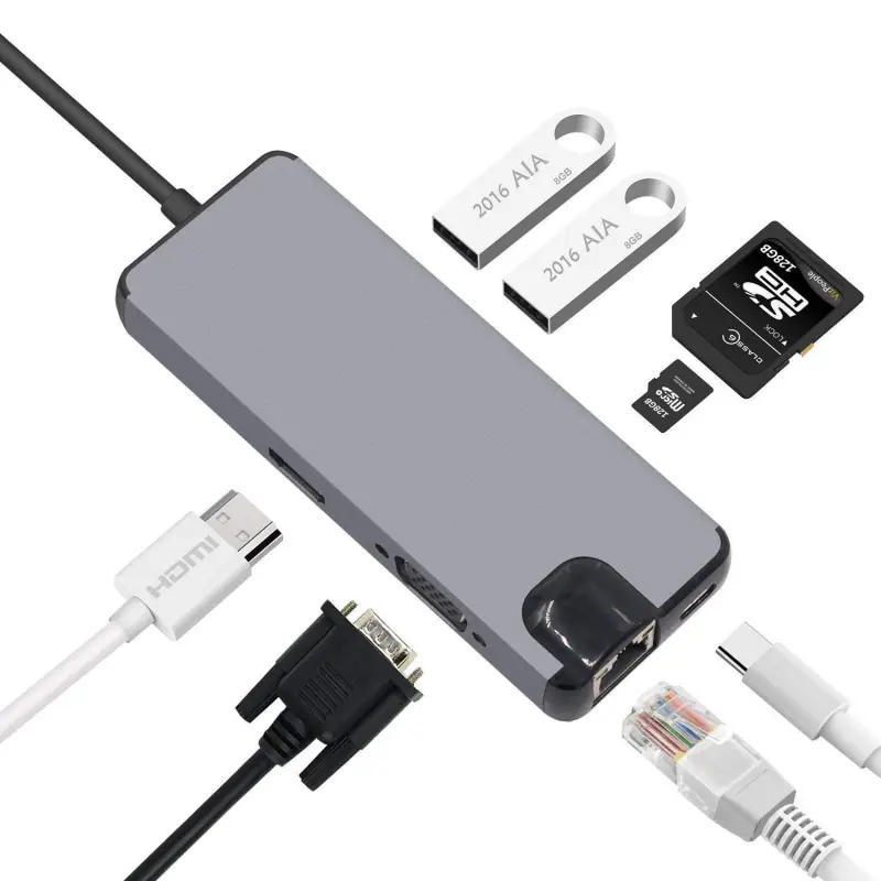 Adapter Type C na RJ45 (lan) HDMI VGA 2XUSB 3.0 PD SD Microsd 8U1 Jwd-tc32