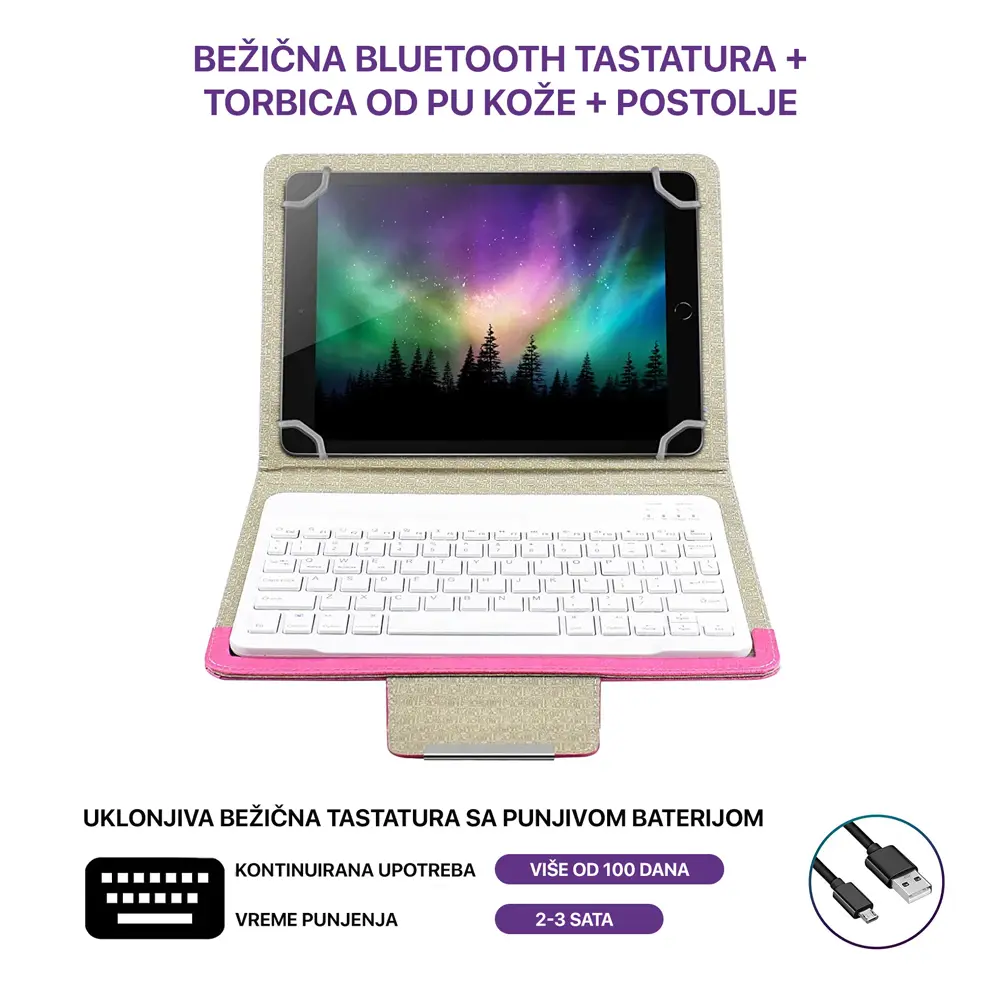 Torbica sa Bluetooth Tastaturom Leather za Tablet 10" Univerzalna Pink