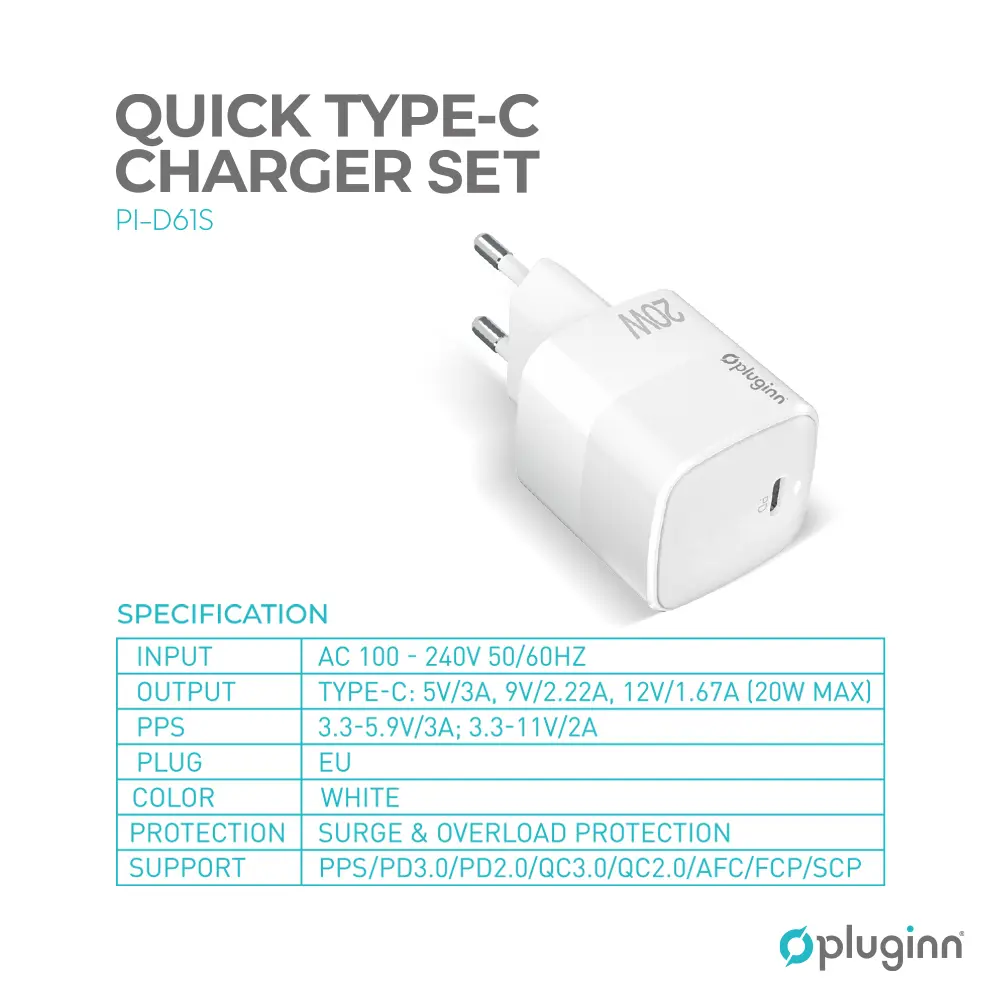 Kucni Punjac Pluginn Pi-d61s, Pd3.0, Pps, 20W Beli CE