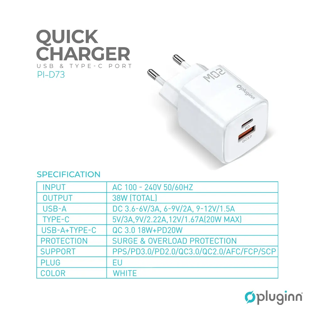 Kucni Punjac Pluginn Pi-d73, Qc3.0 Pd3.0, Pps, Usb-pd 18w+20w, 38W (total) sa PD Iphone Lightning Kablom Beli CE