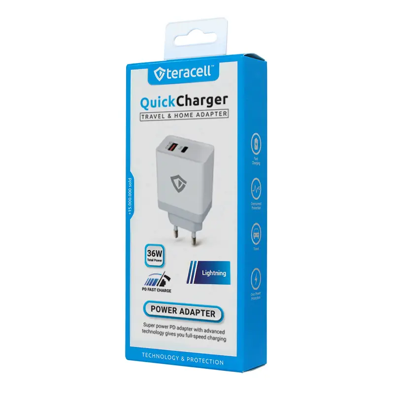 Kucni Punjac Teracell Evolution Tc-04, QC Pd, Usb-pd 18w+18w, 36W (total) sa Lightning Kablom Beli CE