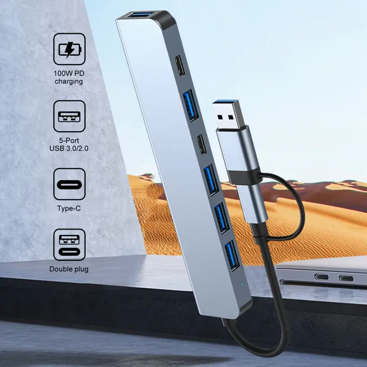 Adapter Type C - USB 3.0 na 2xtype C, 3XUSB 3.0 i 2XUSB 2.0 7U1 20CM Kabl