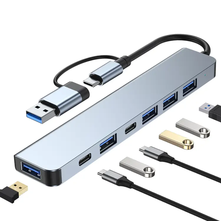 Adapter Type C - USB 3.0 na 2xtype C, 3XUSB 3.0 i 2XUSB 2.0 7U1 20CM Kabl