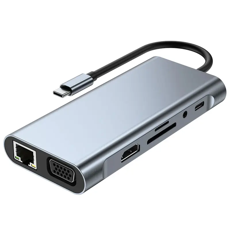 Adapter Type C na LAN Gb, SD Card, Tf, Type C, 3XUSB 3.0, Audio, HDMI i VGA 10 u 1 20CM Kabl