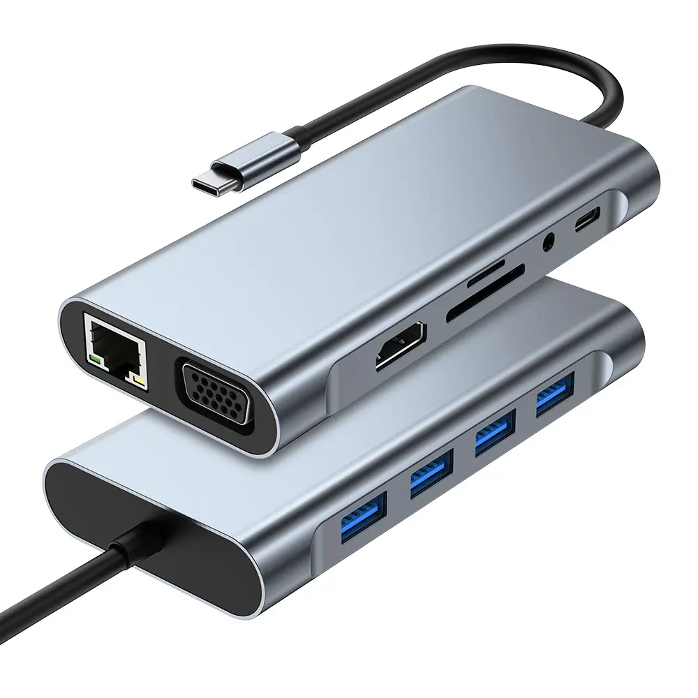 Adapter Type C na LAN Gb, SD Card, Tf, Type C, 4XUSB 3.0, Audio, HDMI i VGA 11 u 1 20CM Kabl