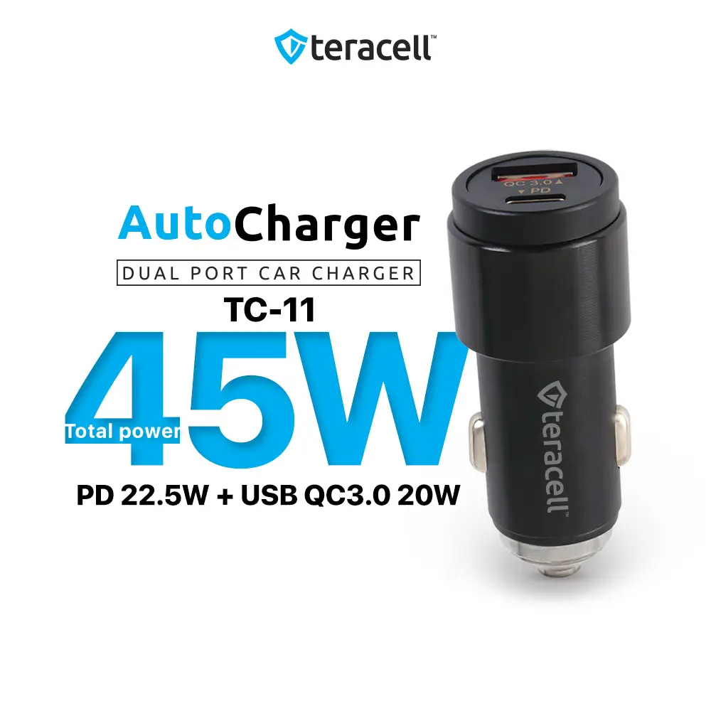 Auto Punjac Teracell Evolution TC-11 PD 22.5w + USB Qc3.0 20w, 45W (total) sa Lightning Kablom Crni