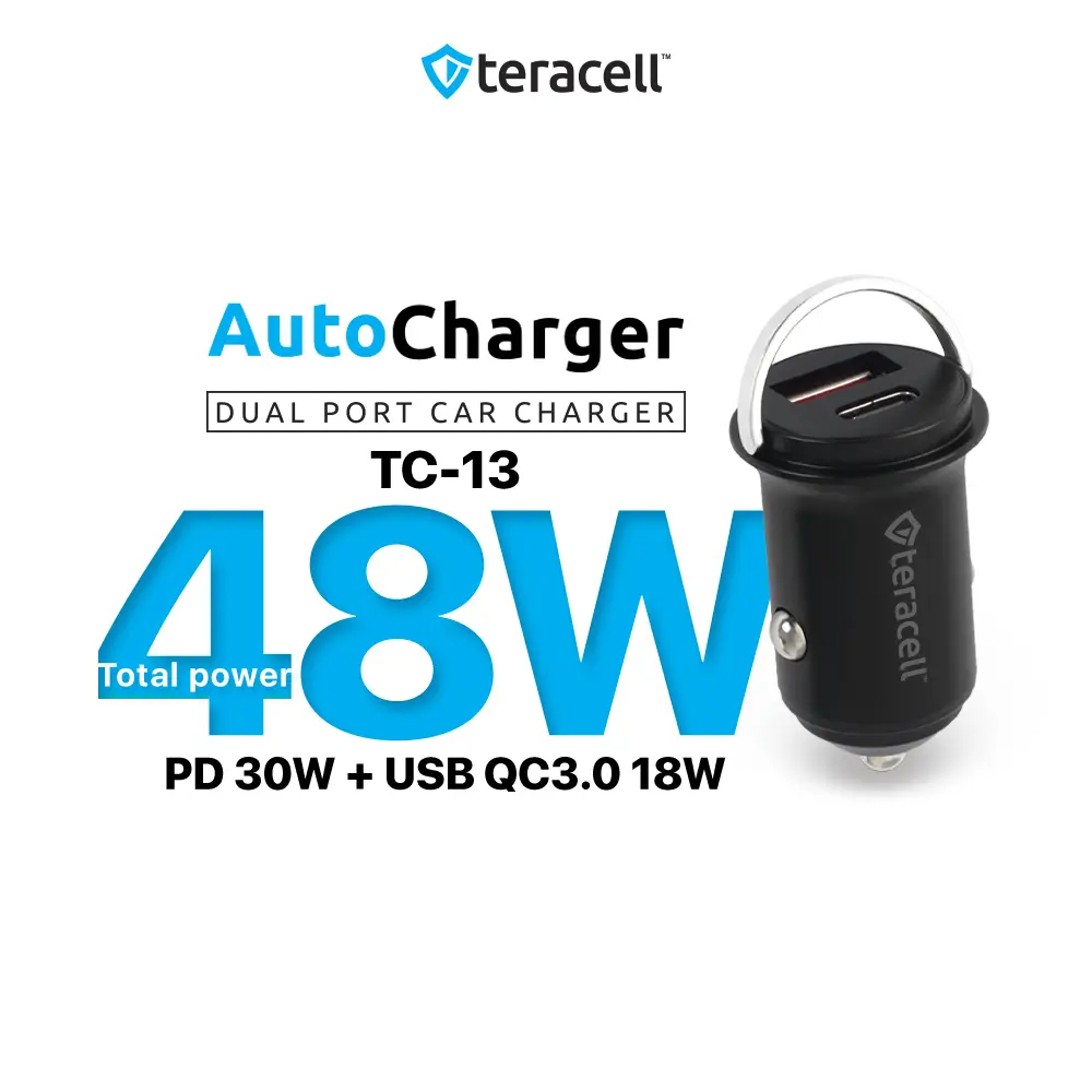 Auto Punjac Teracell Evolution TC-13 PD 30W + USB Qc3.0 18w, 48W (total) sa Type C Kablom Crni