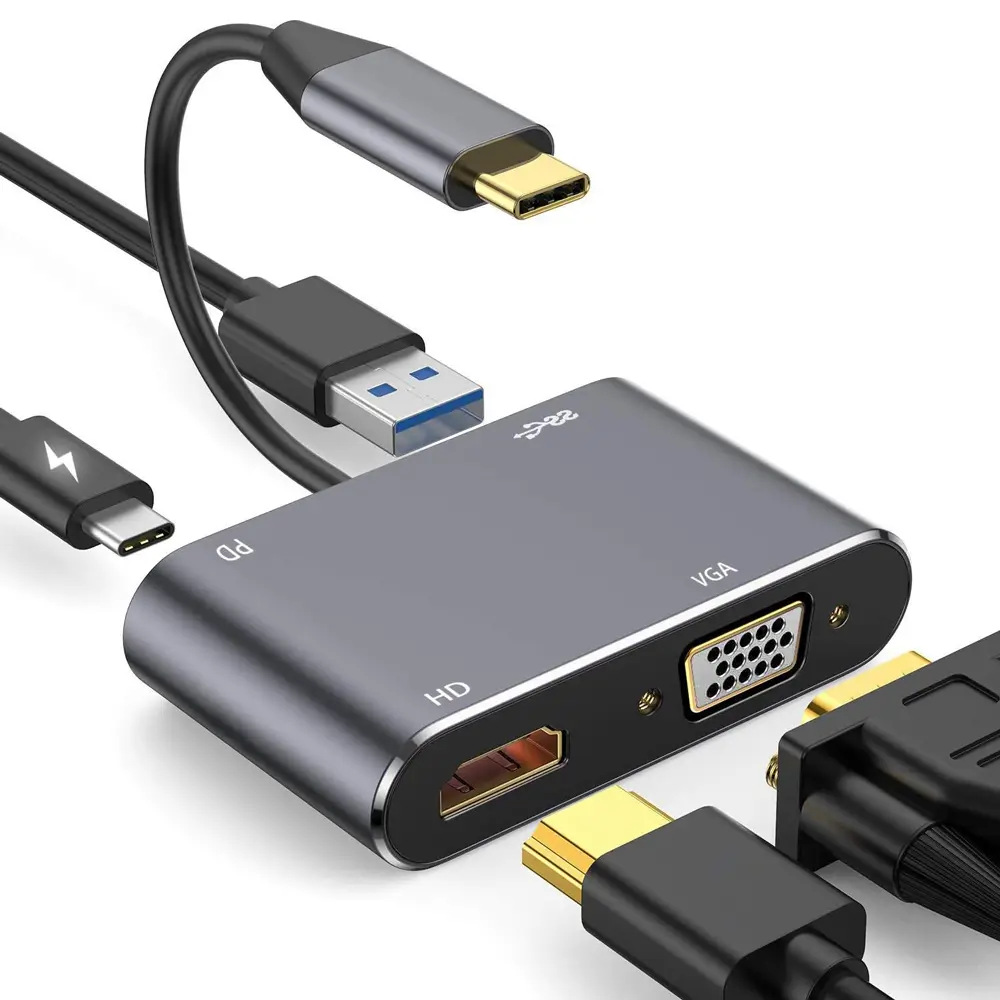 Adapter Type C na HDMI VGA PD Usb3.0 4 u 1 Sivi