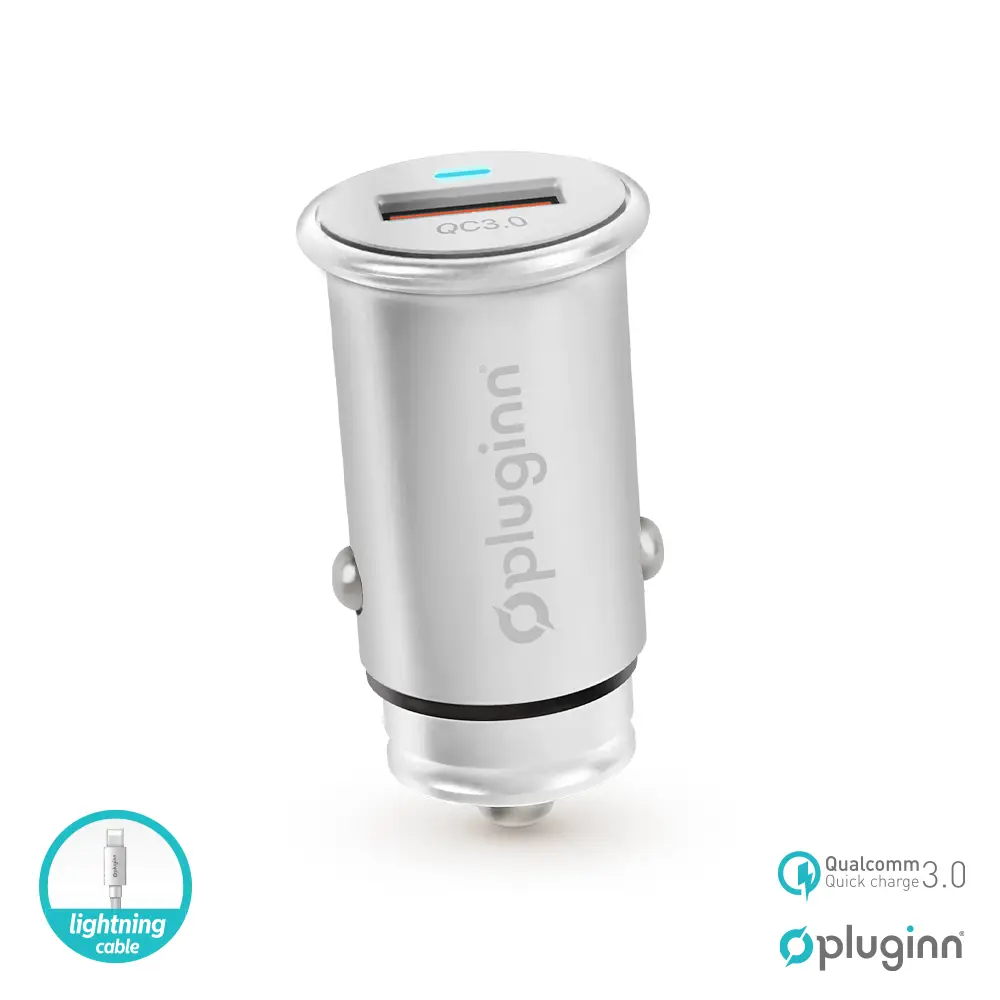 Auto Punjac Pluginn PI-20 QC 3.0, 3a, 18w, sa Lightning Kablom Srebrni