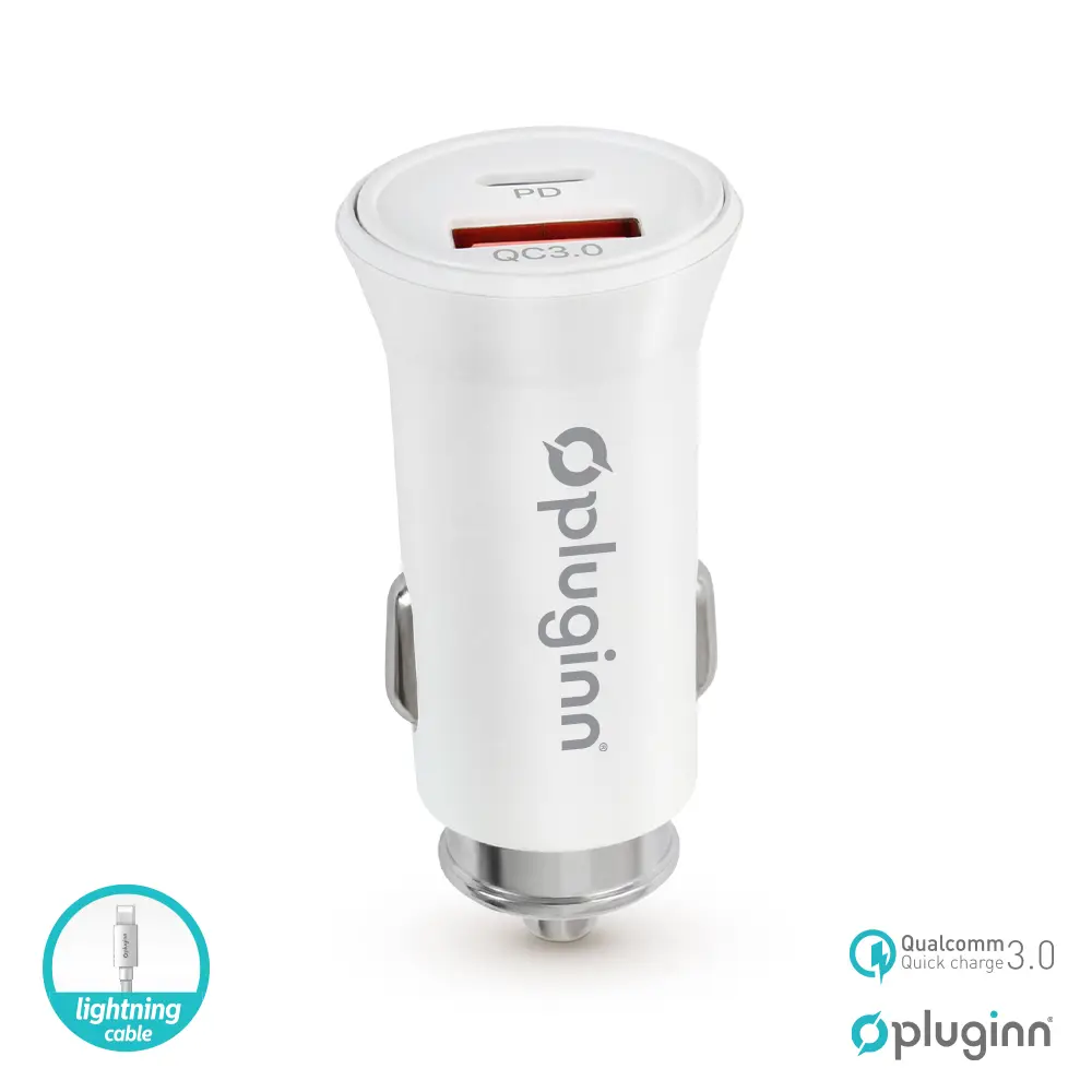 Auto Punjac Pluginn Pi-21s, PD 20w, QC 3.0 18w, sa Lightning Kablom Beli