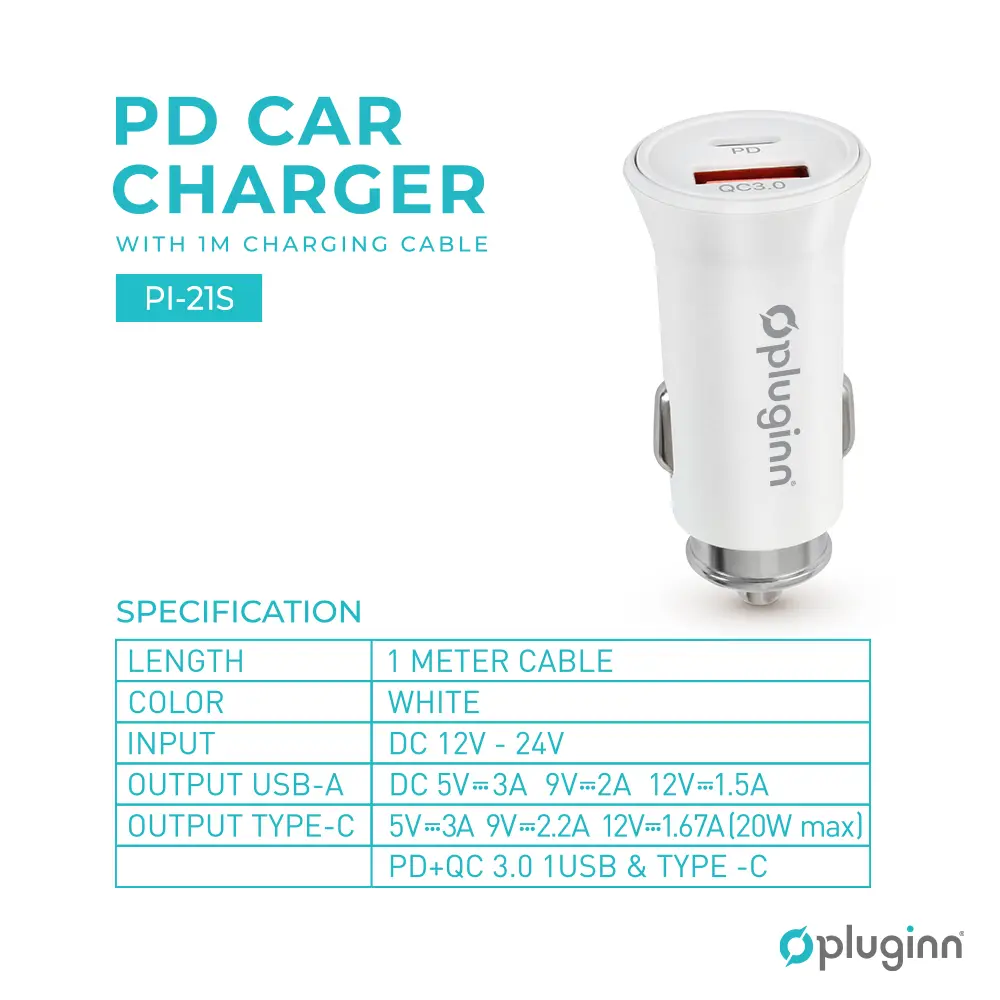 Auto Punjac Pluginn Pi-21s, PD 20w, QC 3.0 18w, sa Lightning Kablom Beli