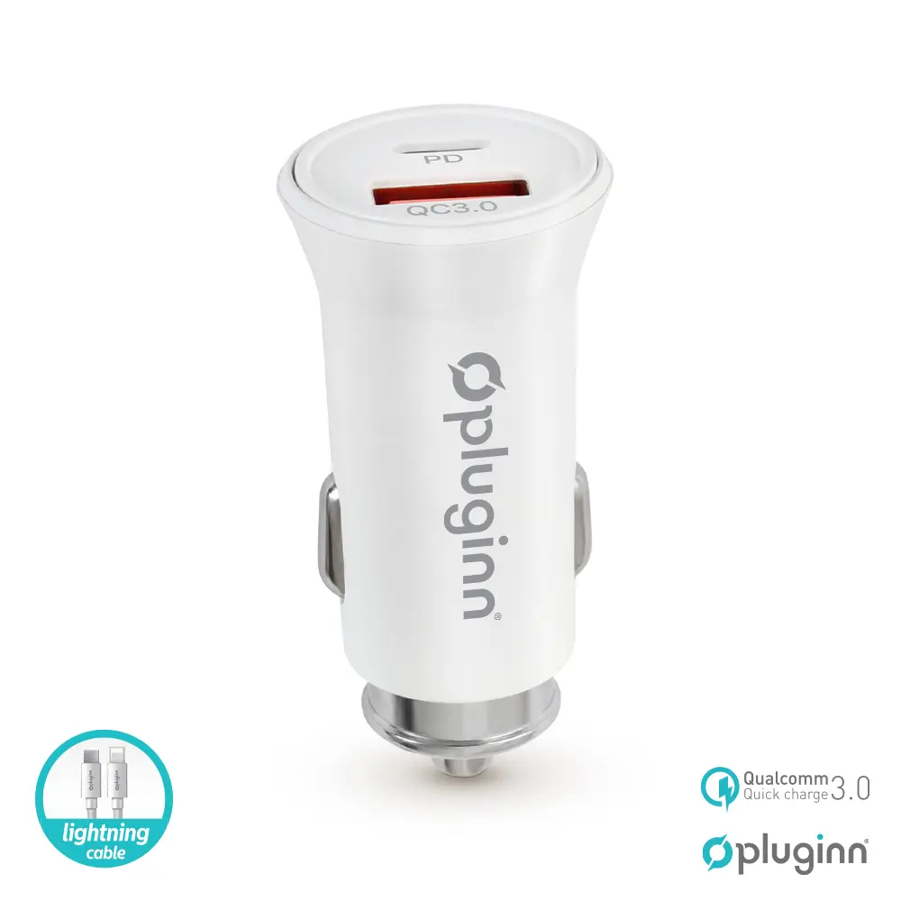Auto Punjac Pluginn Pi-21s, PD 20w, QC 3.0 18w, sa PD Lightning Kablom Beli