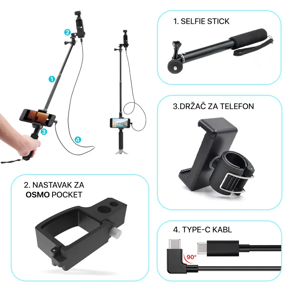 Selfie Stick sa Type C Kablom Crni