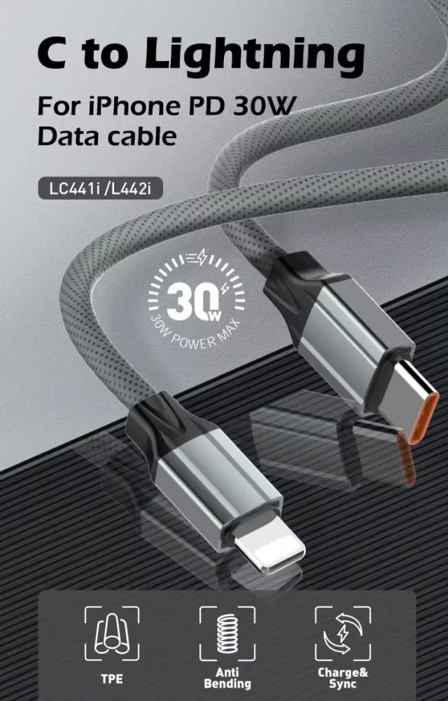 Data Kabl Ldnio Lc441i 30w, Type C na Iphone Lightning Sivi 1M