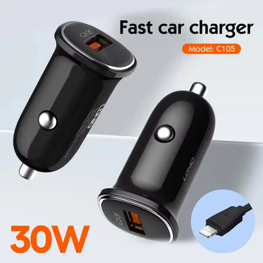 Auto Punjac Ldnio C105, Qc3.0, 30W USB Lightning Crni
