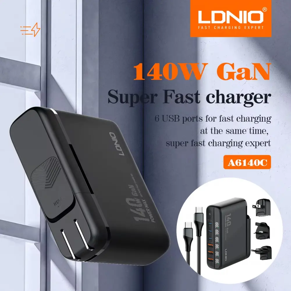 Kucni Punjac sa Adapterima Ldnio A6140c Gan PPS 3xqc3.0 (30w), 3xpd3.0 (100w), 140W Max, a Type C na Type C Kablom Crni