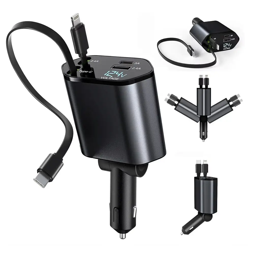Auto Punjac C1 4U1 PD 3a, USB 2.4a 120W (total) sa Type C/lightning Kablom Tamno Sivi