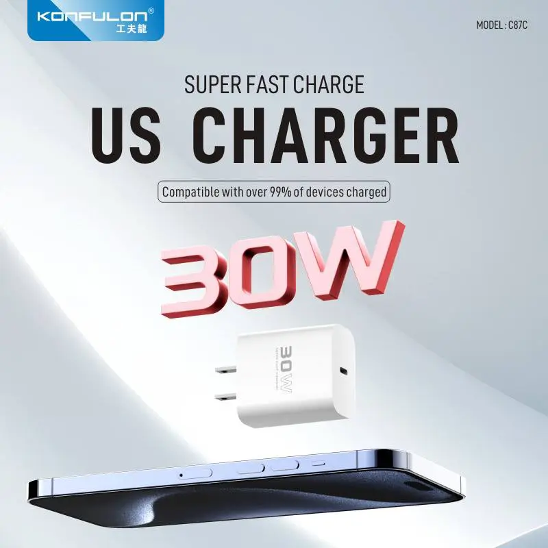 Kucni Punjac Konfulon C87C + Dl50, 30w, sa PD Kablom Type C na Iphone Lightning Beli