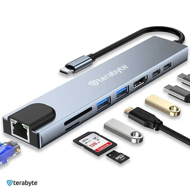 Adapter Terabyte Type C na RJ45 2XUSB 3.0 HDMI 2XPD SD TF 8 u 1 Sivi