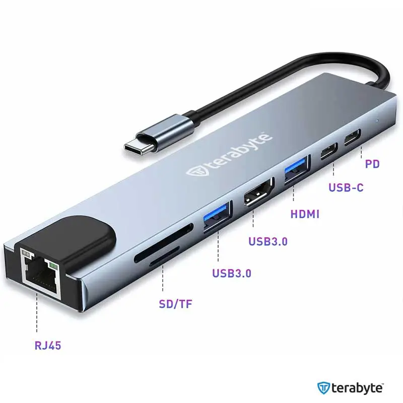 Adapter Terabyte Type C na RJ45 2XUSB 3.0 HDMI 2XPD SD TF 8 u 1 Sivi