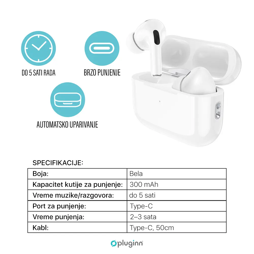 Bluetooth Slusalice Pluginn Airbuds Pro Bele