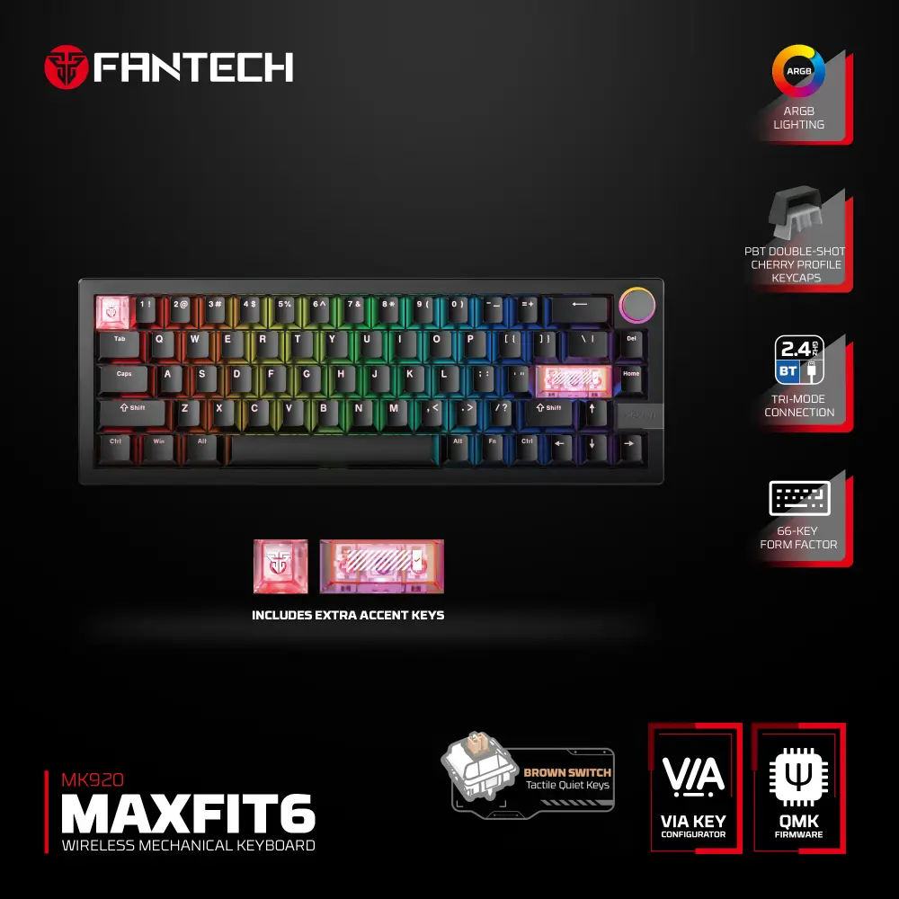 Tastatura Mehanicka Gaming Fantech MK920 RGB Maxfit 6 Wireless Black (brown Switch)