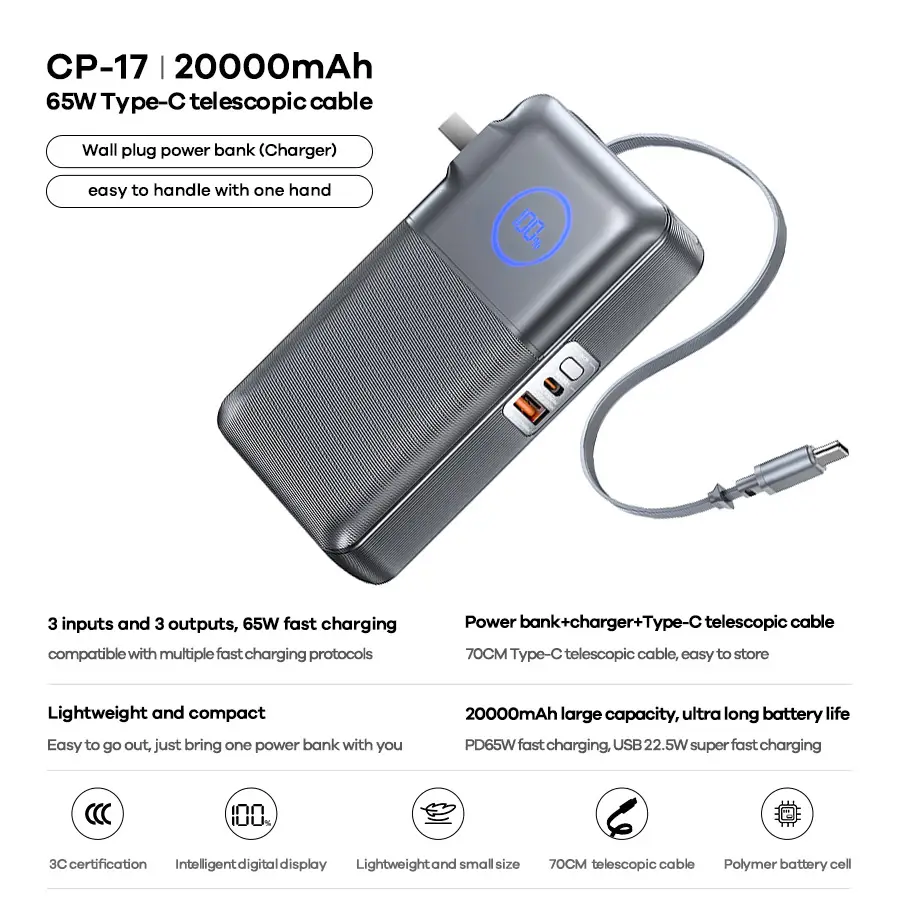 Power Bank Prenosiva Baterija Remax CP-17 65W sa Teleskopskim Kablom Type-c 20000mah Sivi