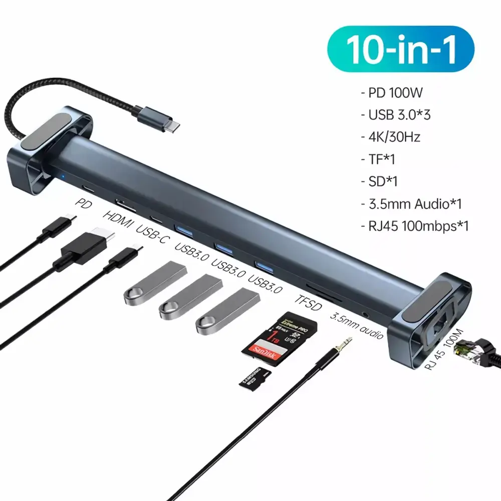 Adapter Type C Jwd-tc45 na Lan, Pd, Hdmi, Type C, 3X USB 3.0, Sd, Tf, 3.5mm 10 u 1 Sivi