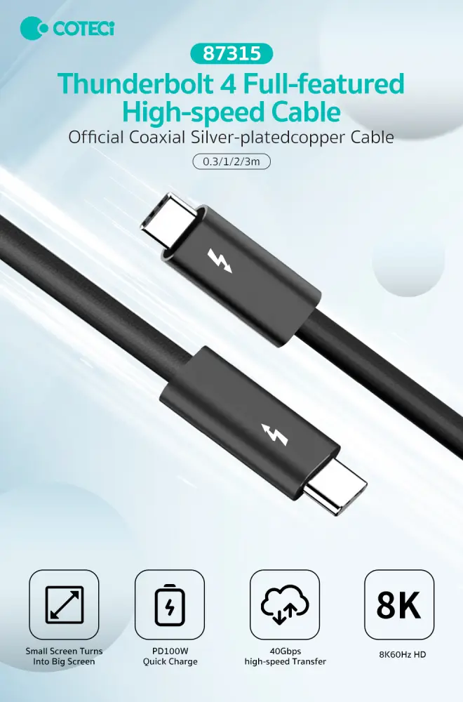 Data Kabl Coteci Thunderbolt 87315 40gbps 100W 8K PD Type C na Type C Crni 1M