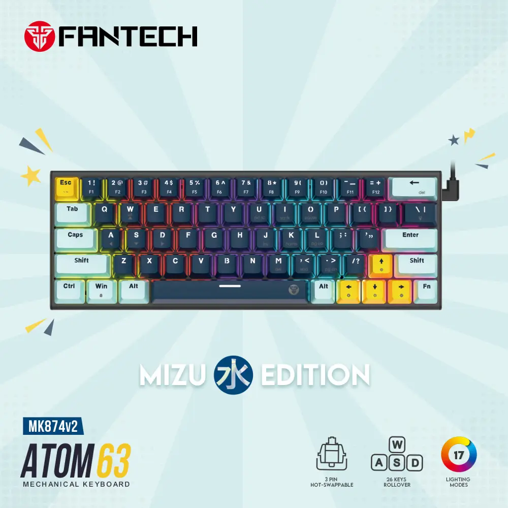 Tastatura Mehanicka Gaming Fantech Mk874v2 RGB Atom 63 Mizu Navy (taro Switch)