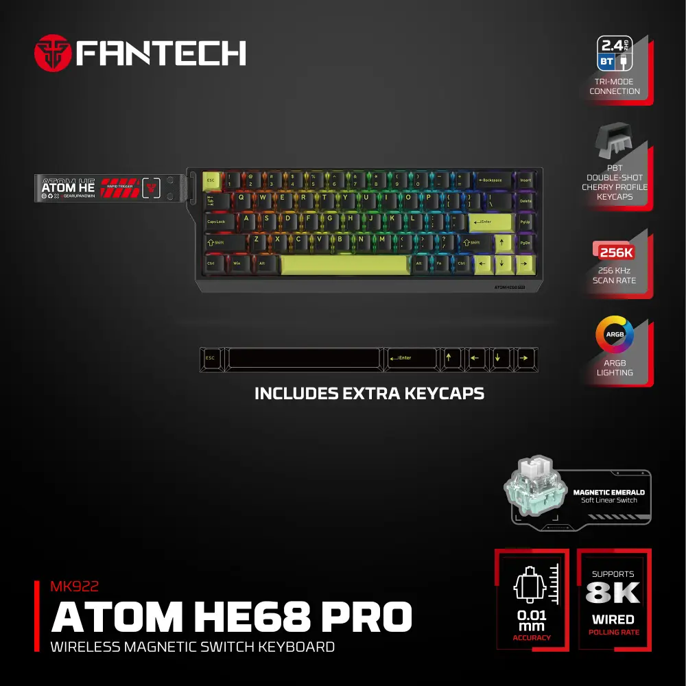 Tastatura Wired Magnetic Gaming Fantech MK922 Atom HE68 Pro Mori Crna (emerald Switch)