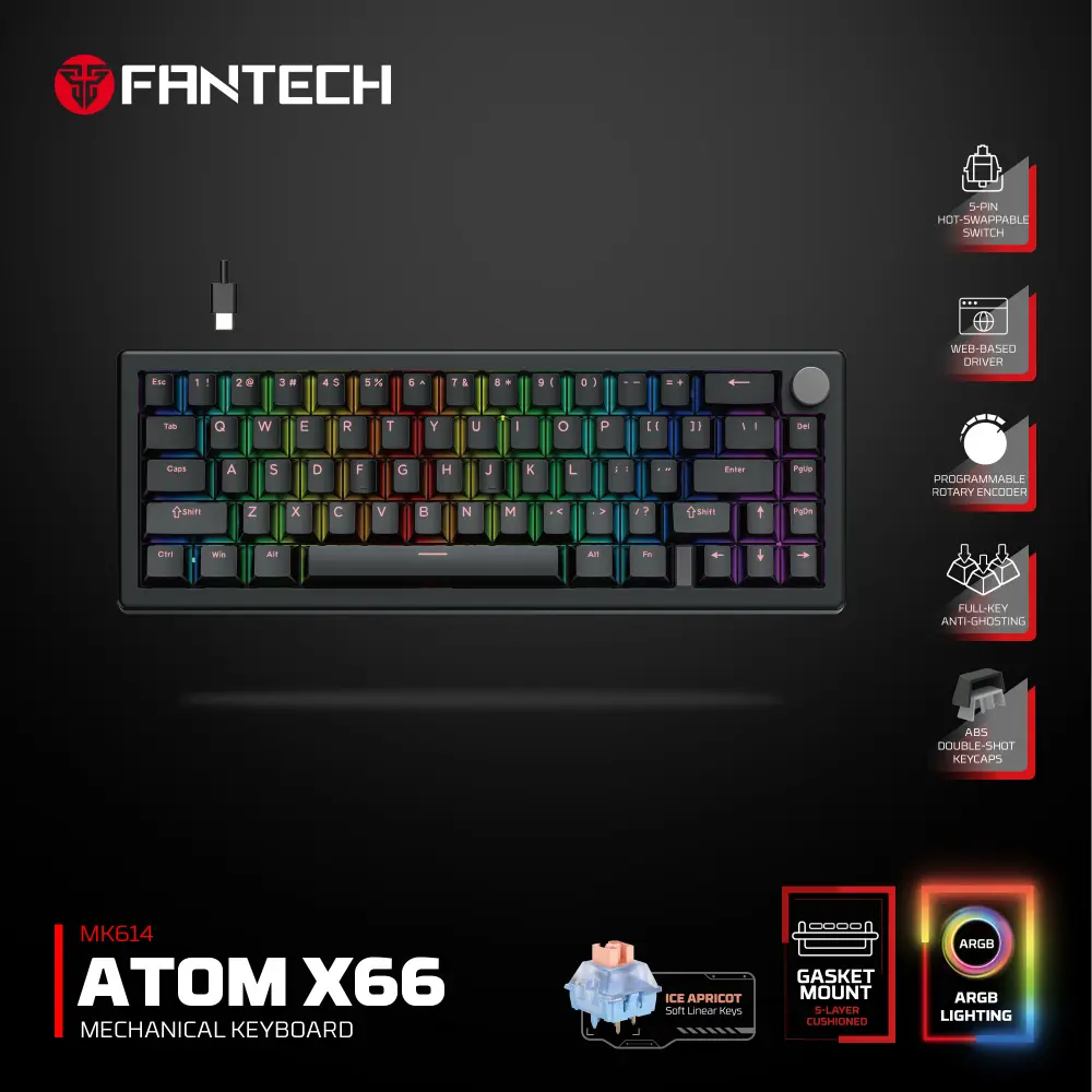 Tastatura Mehanicka Gaming Fantech MK614 Atom X66 Retro Crna (ice Apricot Switch)