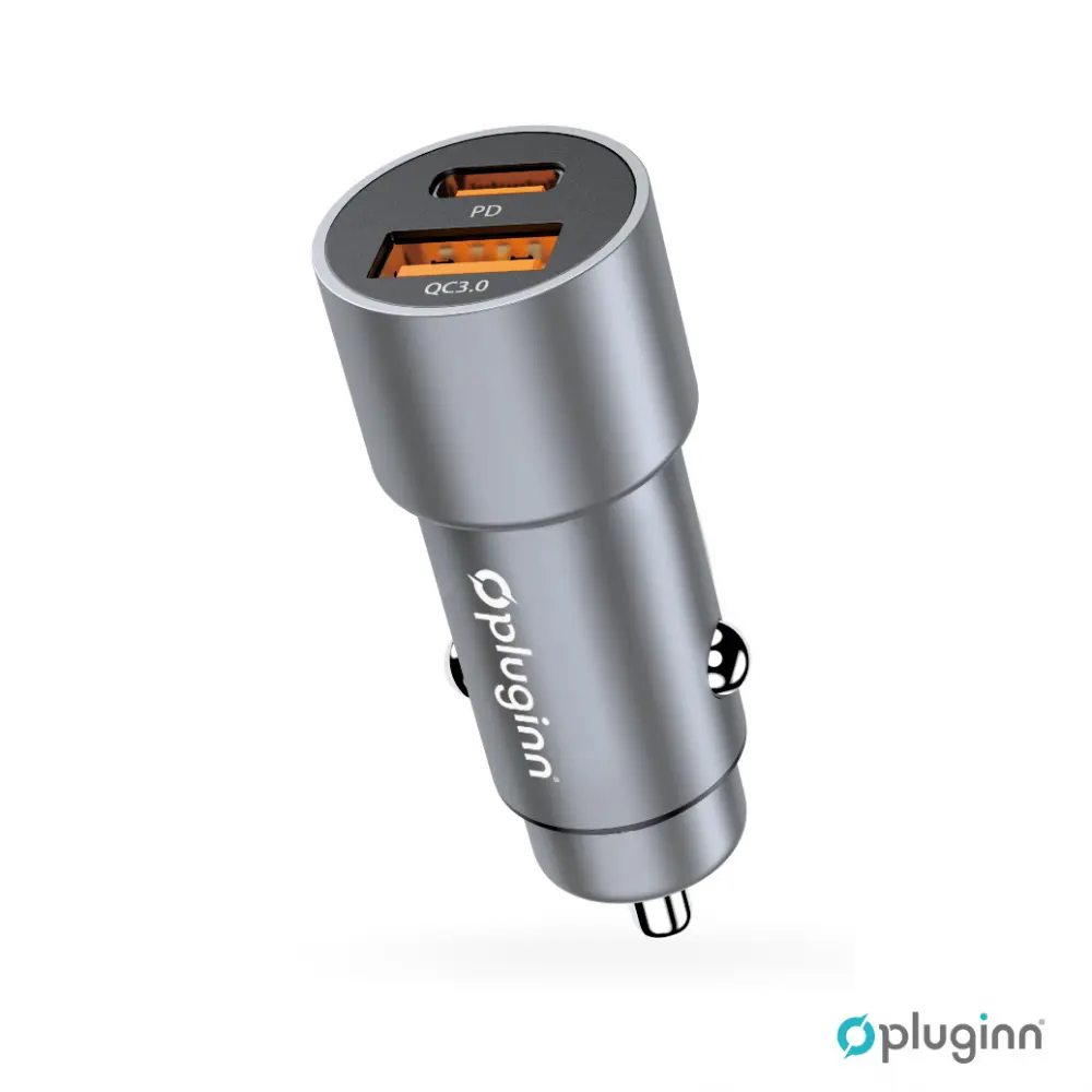 Auto Punjac Pluginn Pi-40, PD 20w, QC 3.0 18w, sa Lightning Kablom Sivi