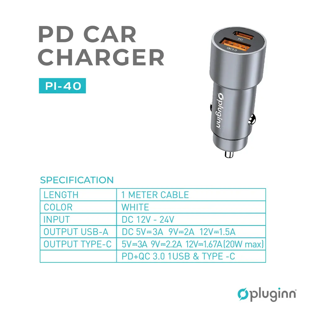 Auto Punjac Pluginn Pi-40, PD 20w, QC 3.0 18w, sa Type C Kablom Sivi