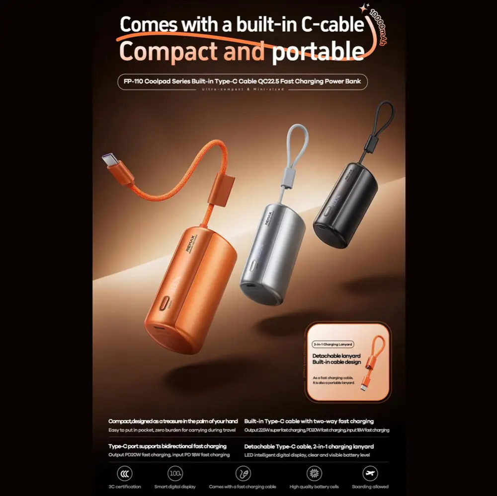 Power Bank Prenosiva Baterija Remax Coolpad Series Fp-110 sa Integrisanim Type C Kablom 10000mah Crna