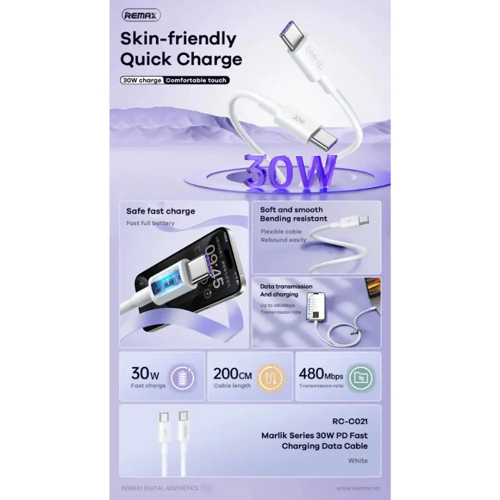 Data Kabl Remax Marlik Series Rc-c021 PD Fast Charging 65W C-C 1M